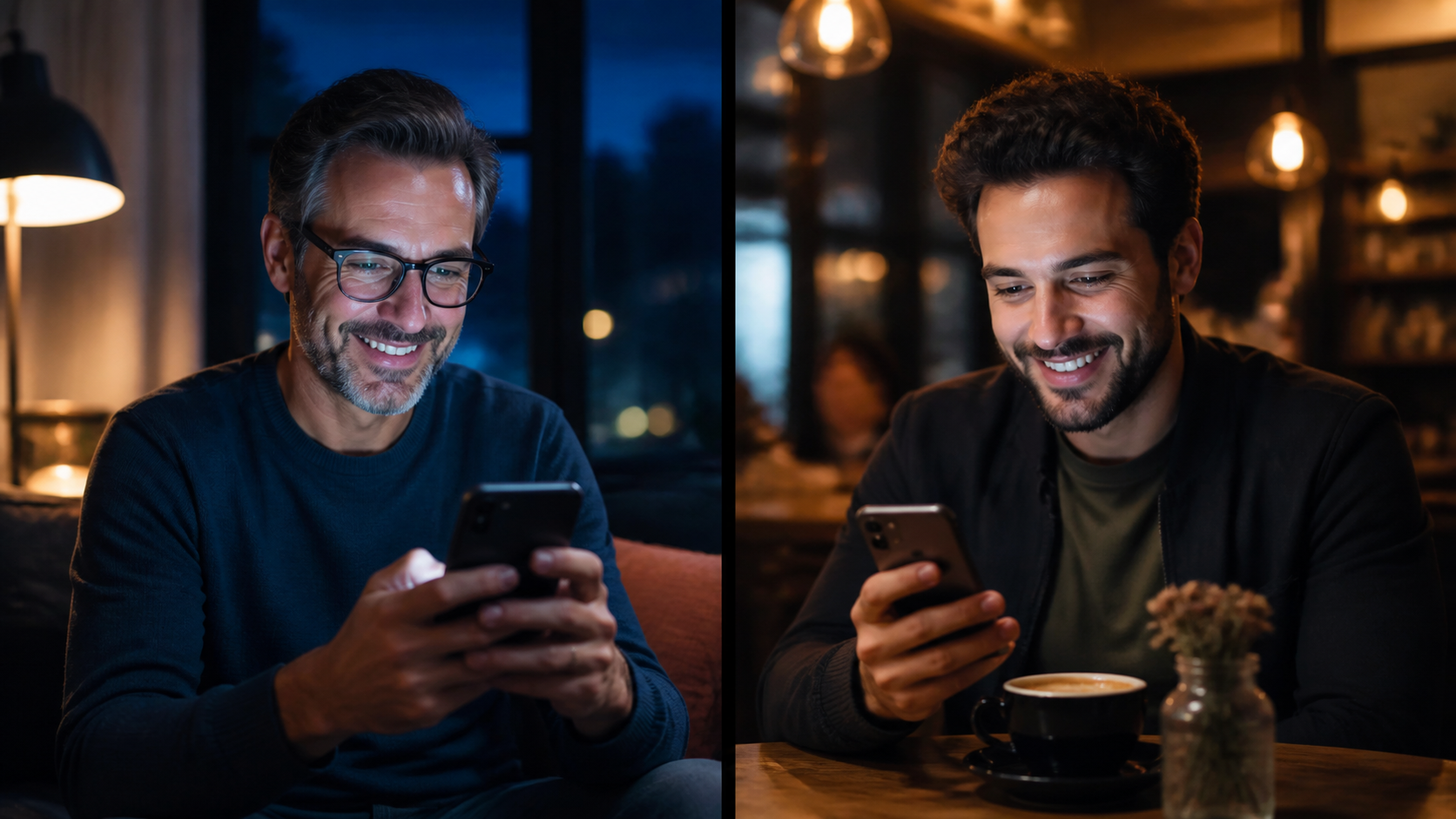 Deux hommes adultes échangent sur leurs smartphones dans deux lieux différents avec un sourire naturel