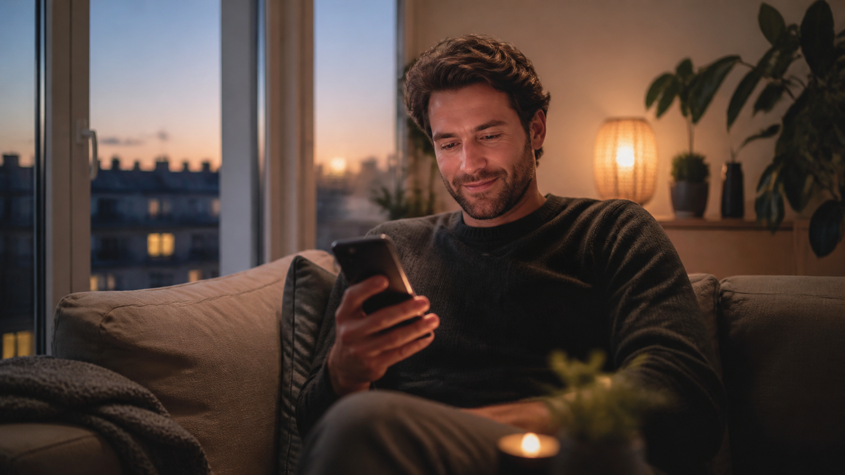 Célibataire souriant discrètement en discutant sur son smartphone dans un intérieur chaleureux en début de soirée